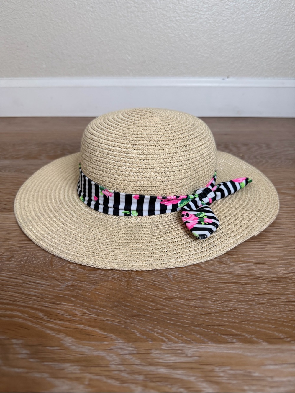 Little Lass Straw Floral Striped Packable Summer Hat, Size 4T-6T